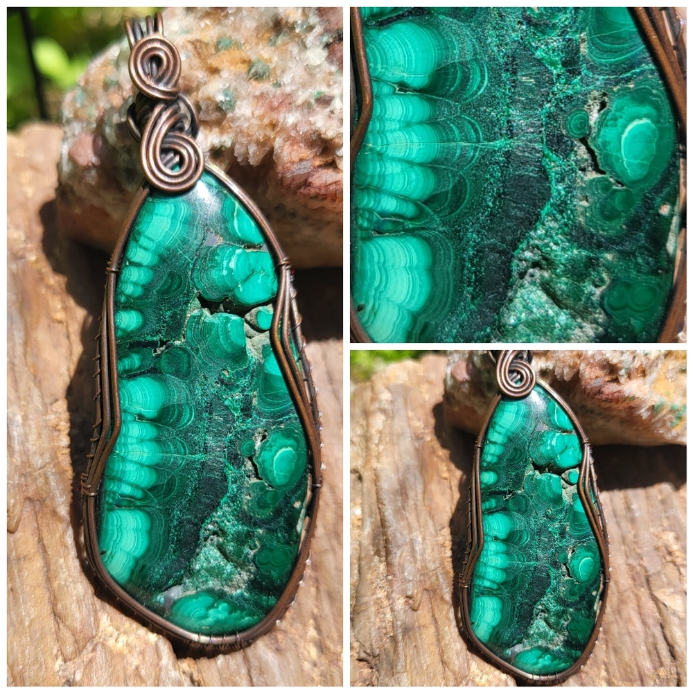 Malachite Gemstone Copper Wire Wrap Pendant Necklace